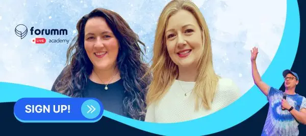 Graphic with the smiling faces of two women and one man with Forumm Academy text