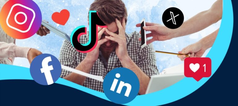 Man covering his face with social media logos everywhere