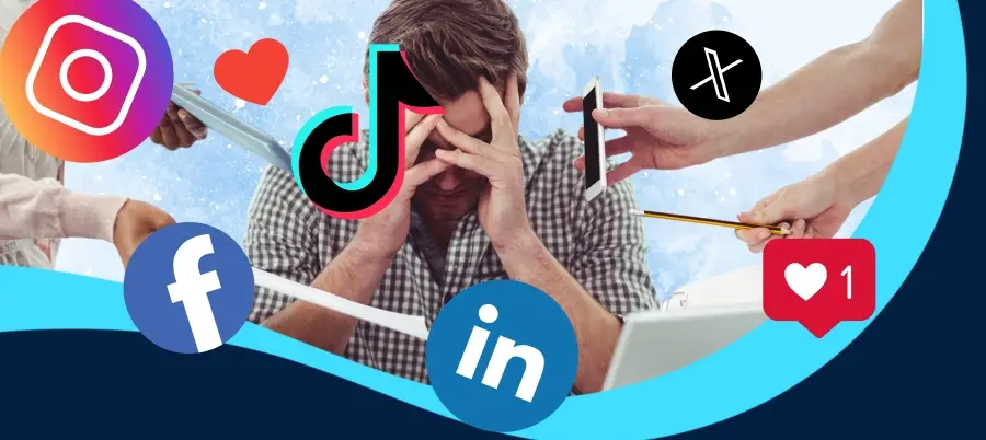 Man covering his face with social media logos everywhere